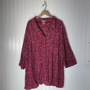 Catherines 4X Pink Floral Tunic Blouse Rayon‎ Boho 3/4 Sleeve Plus Size Top